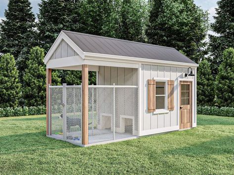 050X-0079: Doghouse and Dog Run for Two Cute Modern Farmhouse, Outdoor Kennel, Outside Dog Houses, Backyard Dog Area, Dog House Plan, Dog Space, Modern Dog Houses, Dog Kennel Designs, Dog Pens