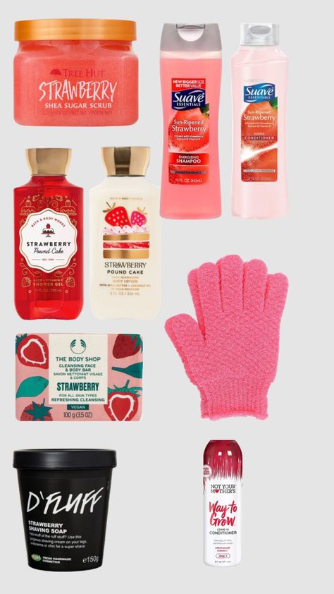 strawberry shower routine ! Strawberry Shower Routine, Berry Scented Shower Routine, Strawberry Scented Shower Routine, Body Care Strawberry, Scented Shower Routine, Products To Smell Like Strawberry, Strawberry Scented Products, Hygiene Products Strawberry, Pound Cake With Strawberries