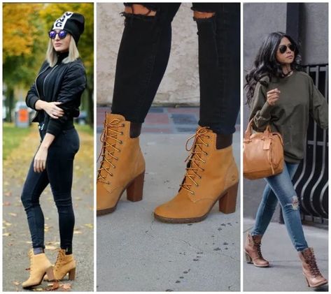 High Heel Timberlands Outfit, Timberland High Heel Boots Outfit, Heeled Timberland Boots Outfit, Timbaland Boots Women Outfit Winter, Timberland Heel Boots Outfit, Timberland Heels Outfit, How To Style Timberland Boots Woman, Outfits Con Botas Timberland, How To Style Timberlands