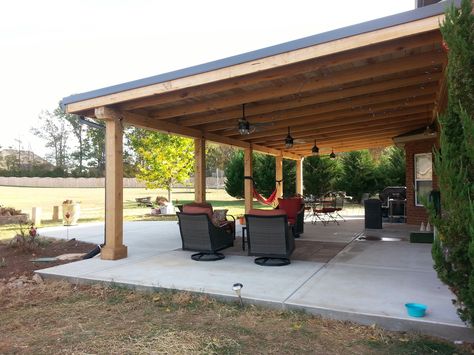 Metal Back Porch Cover, Angled Patio Roof, Back Porch Remodel On A Budget, Attached Lean-to Patio Roof Ideas, Carport And Patio Combo, Back Porch Covering Ideas, Large Pergola Covered Patios, Overhang Porch Covered Patios, Covered Patio Design Attached To House