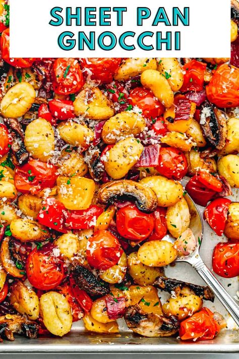 This sheet pan gnocchi recipe is phenomenal. The roasted gnocchi is cooked to perfection, slightly crispy on the outside and tender on the inside. It's loaded with vegetables and aromatic herbs. Everyone at your dinner table will love it. Roasted Gnocchi, Gnocchi Recipes Healthy, Sheet Pan Gnocchi, Gnocchi Dishes, Gnocchi Recipe, Healthy Weeknight Meals, Meatless Dinner, Gnocchi Recipes, Tasty Pasta