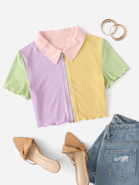 Color Block Shirt Outfit, Colorblock Outfits, Cute Colorful Outfits, Panel Shirt, 90s Y2k Fashion, Zipper Placket, Egirl Clothes, Color Block Shirts, Fashion Corner