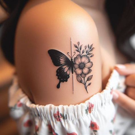 2 Flower Tattoo, Shoulder Butterfly Tattoo, Half Butterfly Tattoo, Half Butterfly, Shoulder Tats, Small Girly Tattoos, Tattoo Shoulder, Feather Tattoo Design, Flower Tattoo Shoulder