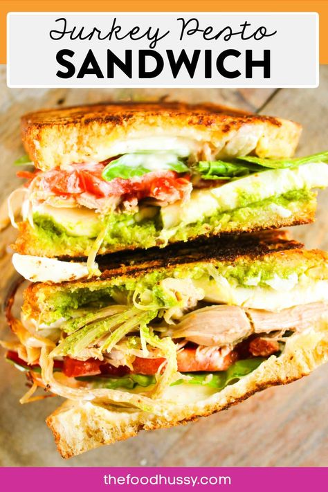 This Turkey Pesto Sandwich is my new favorite! I like using leftover turkey for this recipe and then pile it with fresh mozzarella, home-grown tomatoes, spinach and - of course - my homemade pesto!  via @foodhussy Italian Turkey Sandwiches Recipe, Turkey Caprese Sandwich, Turkey And Pesto Sandwich, Turkey Pesto Sandwich, Pesto Sandwich Recipe, Chicken Pesto Mozzarella Sandwich, Recipes Using Pesto, Using Leftover Turkey, Turkey Pesto Mozzarella Sandwich