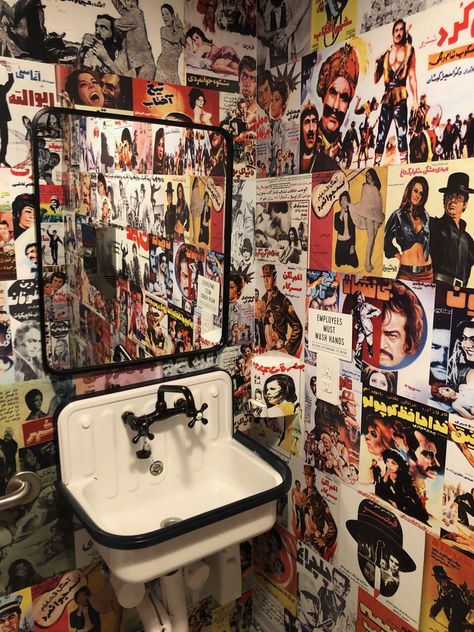 Most fun powder room at Sofreh's, in Brooklyn, and most delicious:) Bathroom Collage Wall, Grunge Bathroom Aesthetic, Fun Powder Room, Edgy Decor, Eclectic Bathroom, Bar Bathroom, Dream Room Inspiration, Industrial House, Foto Ideas Instagram