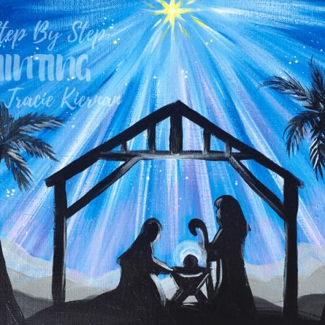 Easy Christmas Paintings - Step By Step Painting With Tracie Kiernan Navity Scene Painting, Nativity Painting Ideas, Navity Scene Ideas, Tracie Kiernan, Nativity Painting, Easy Christmas Drawings, Nativity Silhouette, Christmas Science, Christmas Canvas Art