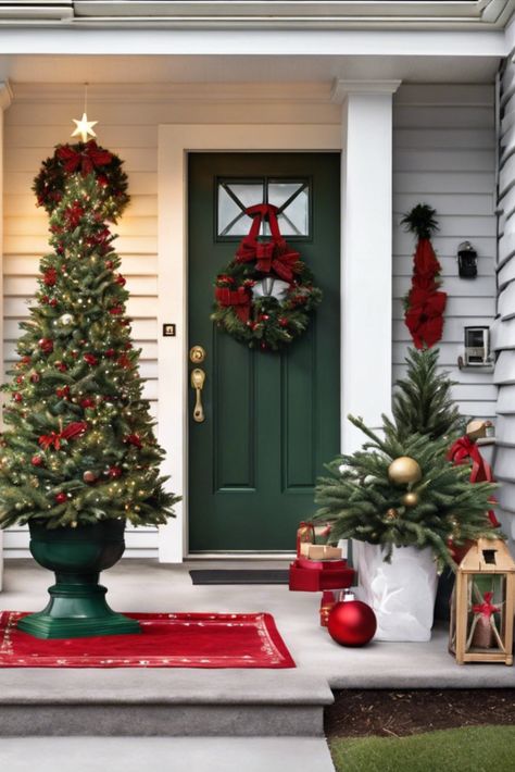 Bring the Christmas tree tradition outdoors with these porch-friendly tree arrangements. Learn how to decorate and protect trees for outdoor display. Decorating Outdoor Trees For Christmas, Christmas Tree Display Ideas, Tree Display Ideas, Christmas Tree Display, Tree Display, Outdoor Christmas Tree, Outdoor Trees, Christmas Front Porch, Outdoor Display