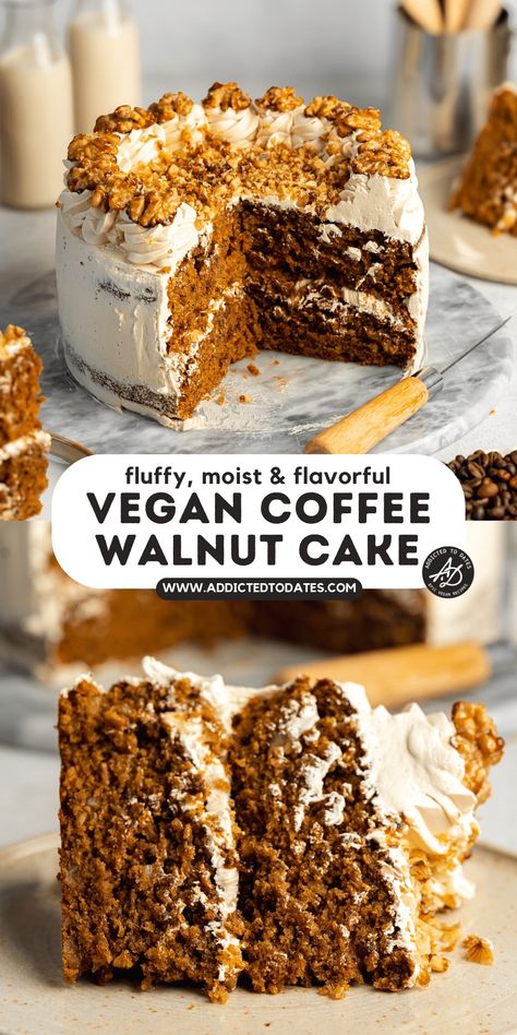 Vegan Coffee Walnut Cake - Addicted to Dates Vegan Walnut Cake, Vegan Coffee And Walnut Cake, Fluffy Coffee Cake, Vegan Coffee Cake, Coffee Walnut Cake, Coffee And Walnut Cake, Work Recipes, Vegan Birthday Cake, Vegan Coffee