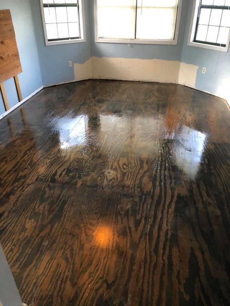 Antique Barrel stain with satin poly finish Finished Plywood Floors, Stained Subfloor, Stain Plywood Floor, Sub Flooring Ideas Diy, Staining Plywood Floors, Wood Stain Floors, Painting Plywood Floors, Diy Floors On A Budget Ideas, Diy Floors