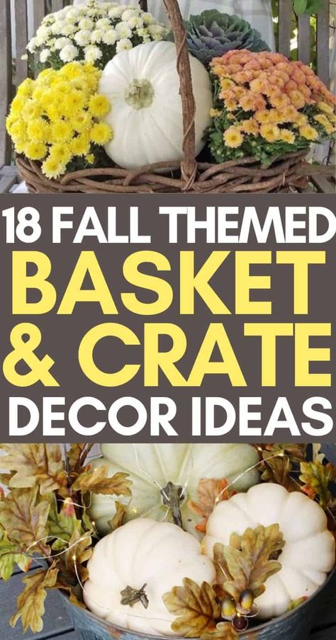 Fall Country Home Decor, Fall Porch Decor With Bushel Baskets, Small Crate Decor Ideas, Fall Baskets For Front Door, Mums In Baskets, Fall Basket Centerpieces For Table, Decorating With Baskets Inspiration, Decorate Basket Ideas, Mum Decorating Ideas