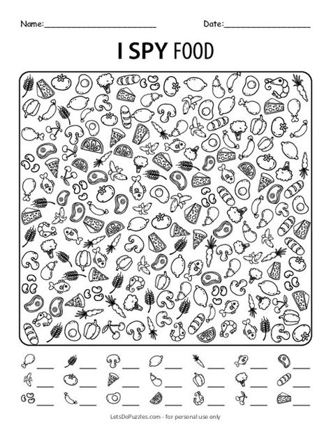 Free Printable I Spy Food Worksheet I Spy Activities, I Spy Pictures, I Spy Worksheets, I Spy Worksheets For Kids, Cryptograms Free Printable, Free Printable I Spy Worksheets, Food Worksheet, I Spy Printables For Kids Free, I Spy Sheets For Preschool