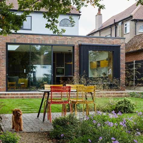 1930s House Extension, Sliding Cupboard, Sliding Pocket Doors, 1930s House, Bold Color Schemes, Rear Extension, House Extension, Herringbone Floor, Brick Facade