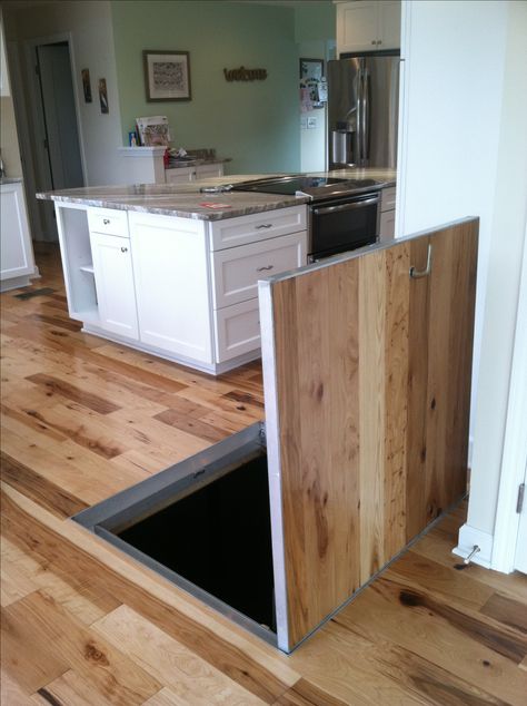 Trap door to basement bc we couldn't fit proper stairs... Basement Trap Door, Trap Door To Basement, Hidden Basement Stairs In Kitchen Island, Cellar Trap Door, Trap Door To Basement Floor, Trapdoor To Basement, Crawl Space Access Door In Floor, Trap Door In Floor, Crawl Space Door