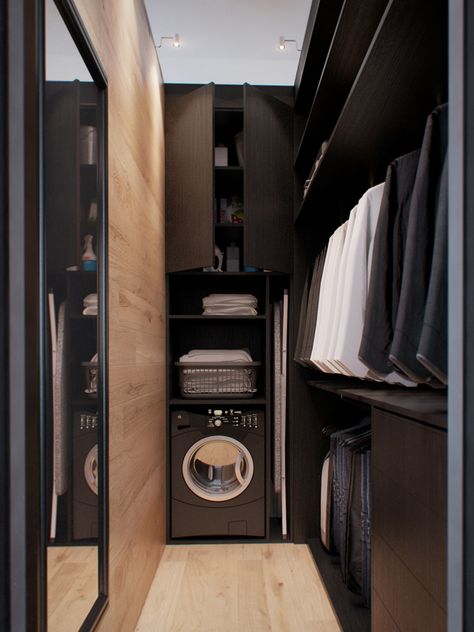 Compact closet with washer in a pre-revolution apartment in Moscow, Russia designed by INT2 Architecture Scandinavian Laundry Room, Walking Closet, Armoire Dressing, Walk In Closet Design, Men Closet, Small Closets, Apartment Bedroom Decor, Laundry Closet, Small Closet