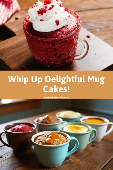 Image of various delicious mug cakes, including a red velvet mug cake topped with whipped cream and several other flavors in colorful mugs on a wooden table. Cake In 5 Minutes, Pioneer Woman Mug Cake, Quick Mug Cake, Easy Mug Cake Recipe, Microwave Cakes, Cheesecake Deserts, Microwave Cake Recipe, Mug Dessert Recipes, Mug Cake Recipes