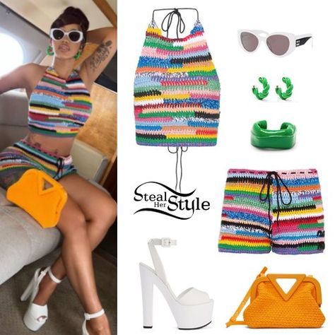 Celebrity Crochet, Knit Top And Skirt, Luxurious Vacation, Crochet Outfits, Frame Logo, Steal Her Style, Sunglasses Logo, Top And Skirt, Cardi B