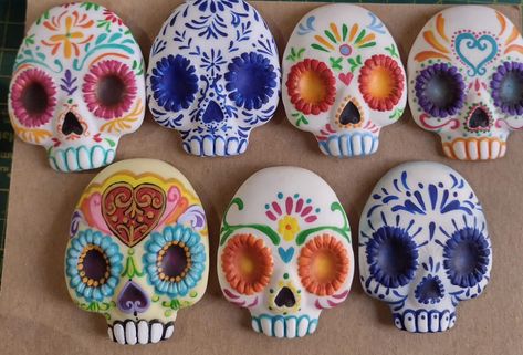 Sugar Skull Diy Crafts, Sugar Skull Clay, Clay Sugar Skull, Sugar Skull Diy, Mexican Skull Art, Hispanic Heritage Month Crafts, Sugar Skull Crafts, Sugar Skull Painting, Dia De Los Muertos Decorations Ideas