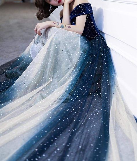 Gradient Off Shoulder Galaxy Paillette Maxi Dress SP14457 - SpreePicky FreeShipping Galaxy Wedding, Galaxy Dress, Long Party Dress, Dance Photography Poses, Fantasy Dresses, Pretty Prom Dresses, Dress Aesthetic, Color Gradient, Dress A Line