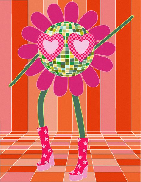 Groovy Art Aesthetic, Groovy Prints Aesthetic, Groovy Paintings Ideas, Disco Illustration Art, Disco Drawing, Groovy Paintings, Disco Cartoon, Disco Painting, Groovy Pictures