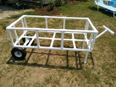 Pvc beach cart. Can't wait to use. Still need to glue the bottom parts but sides will come off for easy transport. May even add "wagon cover" to shade belongings/ cooler. Diy Beach Cart, Beach Fishing Cart, Fishing Cart, Dog Wheelchair, Pvc Pipe Projects, Beach Cart, Pvc Projects, Diy Beach, Salt Water Fishing