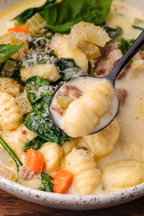 Sausage Gnocchi Soup Gnocchi Stew, Creamy Sausage Gnocchi, Sausage Gnocchi Soup, Carrot And Celery Recipes, Sausage Gnocchi, Pizza Sides, Gnocchi Recipes Soup, Feast Recipes, Sip And Feast