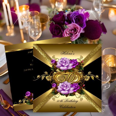 Birthday Party Flowers, Black Gold Birthday Party, Womens Birthday, Roses Purple, Elegant Birthday Party, Gold Roses, Black Birthday, Woman Birthday Party, 50th Birthday Invitations