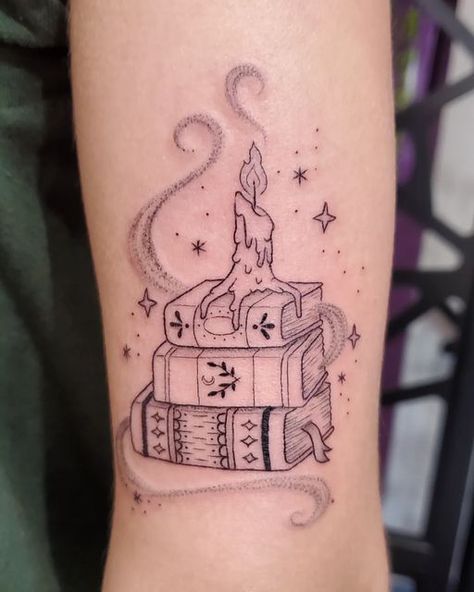 Book Of Spells Tattoo, Book Witch Tattoo, Books Stacked Tattoo, Book Of Life Tattoo Ideas, Magical Book Tattoo Ideas, Pumpkin Book Tattoo, Ghost And Book Tattoo, Stacked Book Tattoo, Stack Of Books Tattoo Design