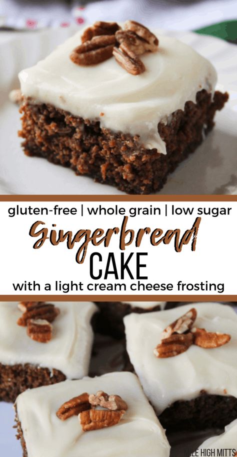 A healthy spin on classic Gingerbread Cake, this gluten-free cake is made with oat flour for a whole grain and healthier flour. It's lower in sugar, and topped with a light cream cheese frosting too (with less powdered sugar). This is a great Thanksgiving and Christmas dessert! Light Cream Cheese Frosting, Gluten Free Gingerbread Cake, Gluten Free Desserts Thanksgiving, Glutenfri Baking, Low Sugar Desserts, Gluten Free Cake Recipe, Gluten Free Gingerbread, Gluten Free Thanksgiving, Gluten Free Christmas