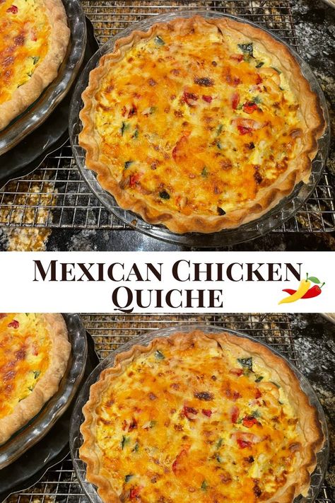 This Mexican chicken quiche is the quintessential comfort food! Shredded chicken, onions, tomatoes, poblano peppers, jalapeno peppers, chili-lime seasoning, pepper jack cheese plus sharp cheddar, all baked into a flaky, buttery crust. Awesomely delicious and perfect for weekend guests or mid-week dinners! We LOVE quiche so much & this is our new favorite! 
#quiche #quicherecipes #homemadequiche #mexicanquiche #mexicanchicken #mexicanchickenquiche #quicherecipes  #homemadequiche #flakycrust Chicken Enchilada Quiche, Tex Mex Quiche, Mexican Quiche Recipes Easy, Quiche Recipes Chicken, Chicken Quiche Recipes Easy, Poblano Quiche, Mexican Quiche Recipes, Chicken Quiche Recipes, Quiche Chicken