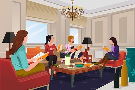 Cartoon of women discussing a book around a table with snacks and drinks Motivation Theory, Book Club Meeting, Reading Help, Book Discussion, Speed Reading, Books For Moms, Speech Language Pathology, Book Study, Character Poses