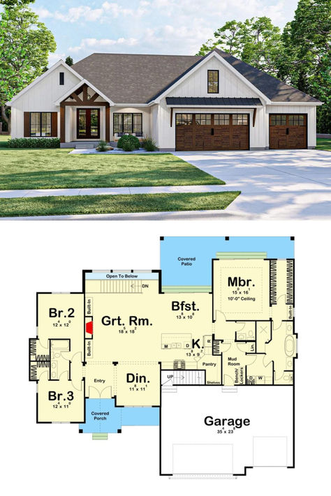 Two-Story 3-Bedroom New American Ranch with Bonus Room and Open Concept Core (Floor Plan) House Plans With Attached Garage, Open Concept House, Open Concept House Plans, Bonus Room Design, French Entry Doors, Ranches Living, Rectangular Living Rooms, Ranch Living, Metal Awning