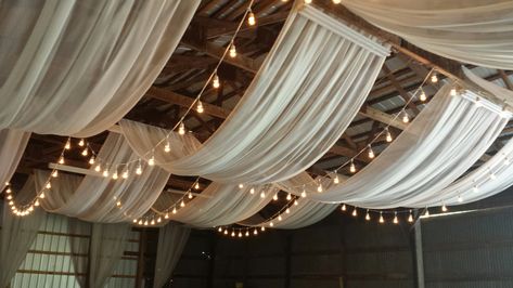 Ivory ceiling draping with bistro lights Sheets On Ceiling, Wedding Ceiling Decorations, Diy Drapes, Wedding Draping, Draping Wedding, Wedding Ceiling, Ceiling Draping, Fabric Ceiling, Bistro Lights