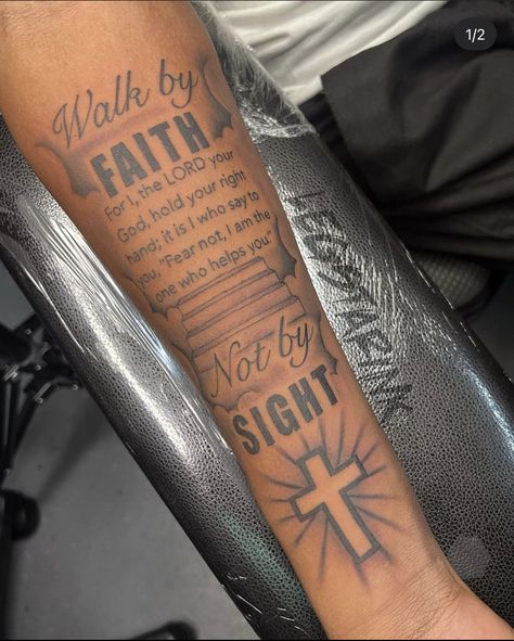 Arm tattoo 
Black ink
Tattoo inspo
Jesus 
Black people Faith Sleeve Tattoo Men, Walk With Faith Tattoo, Leg Sleeve Tattoo Black Male, Walk In Faith Tattoo, Bible Verse Sleeve Tattoo, Tattoo Ideas For Men Bible Verse, Faith Over Fear Tattoo Men, Walk By Faith Tattoo Arm, Though I Walk Through The Valley Tattoo