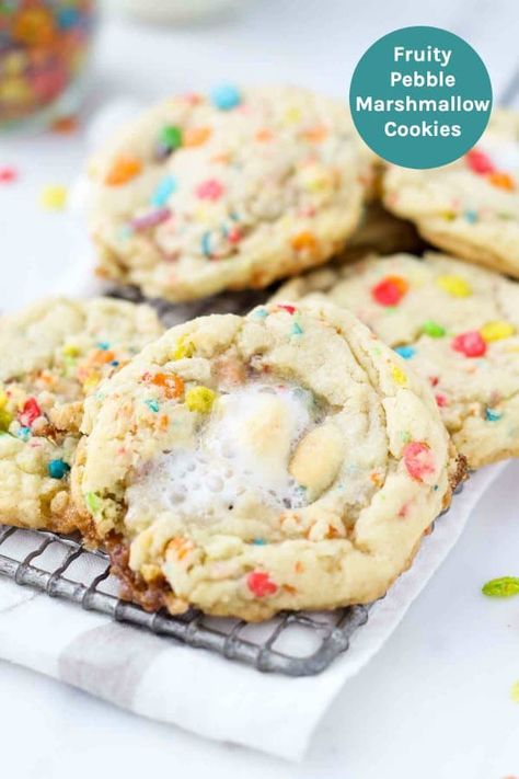 Marshmallow Cookie Recipes, Fruity Pebble Cookies, Cookie Base Recipe, Beyond Frosting, Fruity Pebble, Fruity Pebbles Cereal, Marshmallow Cookies, Gooey Cookies, Cinnamon Toast Crunch