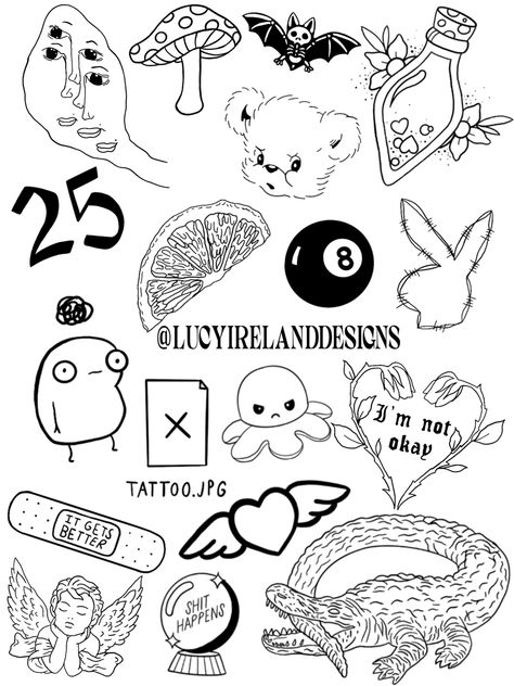 Flash Art Doodles, 2023 Flash Tattoo, Mini Tattoo Flash Sheet, Fun Flash Tattoo Ideas, Easy Flash Art, Beginner Tattoo Flash, Cute Flash Tattoo Designs, Simple Flash Tattoo Designs, Patchwork Tattoo Flash Sheet