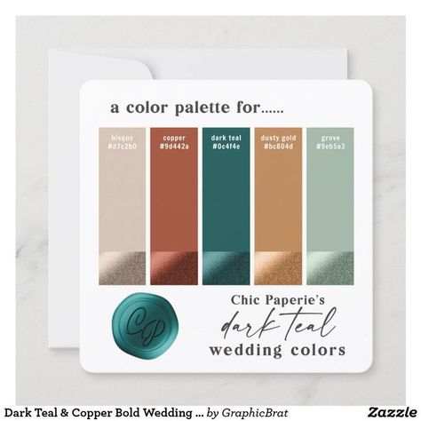 Dark Teal & Copper Bold Wedding Color Palette Card Country Wedding Palette, Dark Teal Kitchen Accessories, Copper Color Palette Wedding, Color Pallets With Teal, Copper Teal Color Scheme, Dark Teal Colour Palette, Teal Color Palette Outfit, Teak Color Palette, Engagement Color Palette