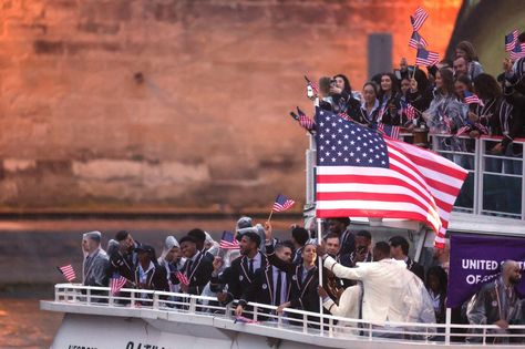 Athletes from Team United States of America are seen on a boat on the River Seine during the opening ceremony of the Olympic Games Paris 2024 Paris Olympics 2024, 2024 Summer Olympics, River Seine, Olympics 2024, 2024 Olympics, Olympics Opening Ceremony, Ceremony Photos, The Olympic Games, Paris Olympics