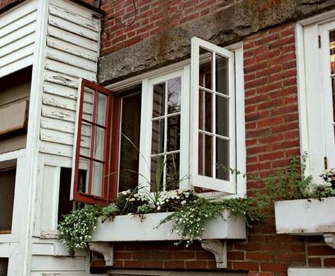 casement window: Earliest form of movable window, wood or metal framed, with hinges or pivots at the upright side of the vertically hung sash, so that it opens outward or inward along its entire... Casement Windows Exterior, French Casement Windows, Cottage Interior Design, Window Architecture, Porch Windows, Countryside Cottage, Casement Window, Window Planters, Cedar Homes