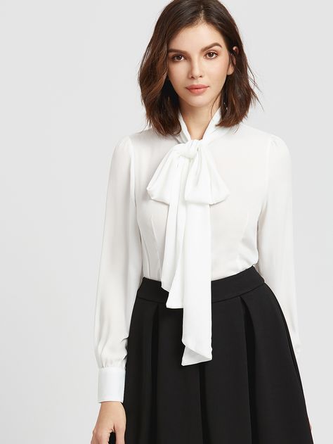 Shop White Bow Tie Neck Curved Hem Blouse online. SheIn offers White Bow Tie Neck Curved Hem Blouse & more to fit your fashionable needs. White Bow Tie, Bow Tie Blouse, Women Tie, Hem Blouse, Bow Blouse, Tie Neck Blouse, Tie Blouse, Spring Shirts, Chiffon Blouse