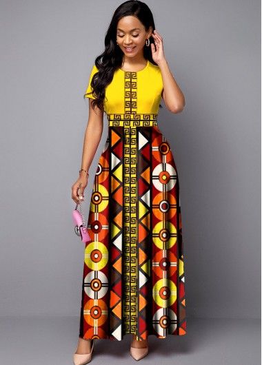 Bohemian Print Round Neck Short Sleeve Maxi Dress at modlily.com Long African Dresses, Ethno Style, Dress Sleeve Length, Fashion Dresses Online, Short Sleeve Maxi Dresses, Bohemian Print, Dresses Elegant, Latest African Fashion Dresses, African Design Dresses