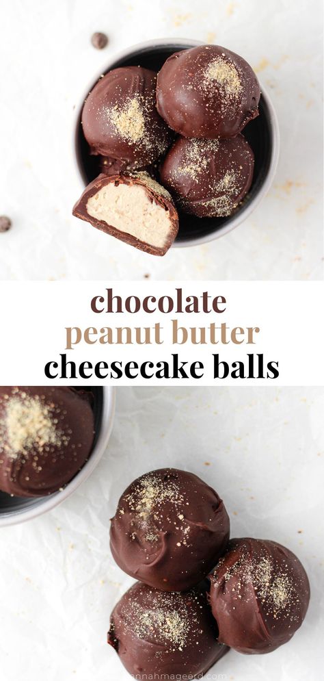 No Bake Chocolate Peanut Butter Cheesecake Balls are so simple to make yet so decadent and delicious! Made with only 5 ingredients, they make a great lightened up sweet treat or dessert to keep stashed during the week, or share with your family and friends. #nobake #cheesecakeballs #chocolatepeanutbutter #cheesecake #healthycheesecake #healthydessert #cheesecakebites Healthy Cheesecake Bites, Peanut Butter Cheesecake Balls, Cheesecake Balls, Cheesecake Bites Recipe, Chocolate Peanut Butter Cheesecake, Healthy Cheesecake, Bake Recipes, Peanut Butter Cheesecake, Delicious Gluten Free Recipes