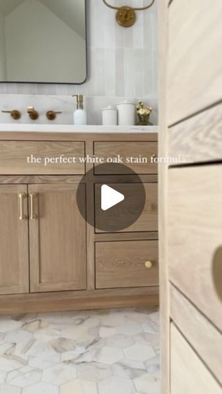 108 likes, 10 comments - thedesignquad on August 3, 2024: "Like Or Nah? if you’ve ever looked for a white oak stain, YOU KNOW THE STRUGGLE lol - i think i went through several different formulas till i decided on this and i can tell you it’s the best stain imo - no yellow/orangel pink undertones, goes perfectly with both brass and black finishes, and is the perfect neutral to complement the warmer tones in this bathroom - Screenshot the label shown in this reel and get it mixed at any Sherwin Wood Vanities Bathroom, White Oak Cabinet Stain Colors, White Oak Stain, Cabinet Stain Colors, White Oak Bathroom, Sherwin Williams Stain, White Oak Kitchen Cabinets, Oak Bathroom Cabinets, White Oak Kitchen