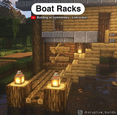 Boat Racks Minecraft, Minecraft Boat Rack, Minecraft Pier Ideas, Minecraft Boat Dock, Minecraft Fishing Hut, Minecraft Dock Design, Boat Rack, Minecraft Building Designs, Construction Minecraft