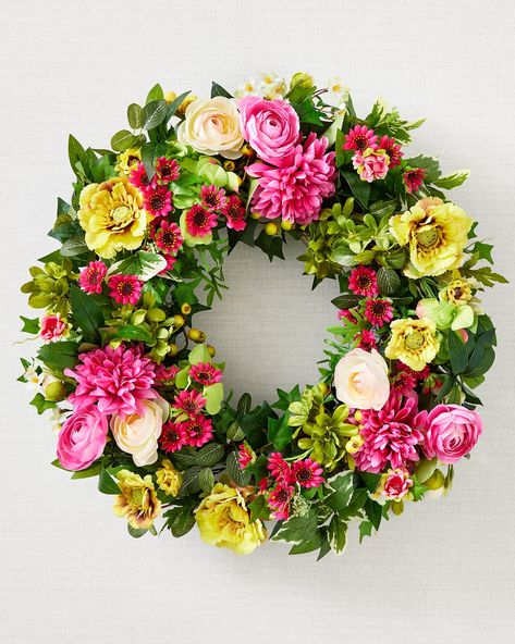 Outdoor Vivid Blooms Artificial Spring Foliage | Balsam Hill Outside Door Decor, Coral Wreath, Spring Front Door, Wreath Storage, Bodhi Leaf, Spring Front Door Wreaths, Peonies Wreath, Spring Florals, Front Door Wreaths