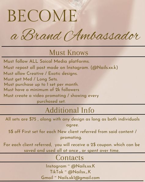 Hey lovely’s , I’m currently looking for two ladies to become my Press On Set brand ambassador!! ~ All the requirements are in the post , if you have any questions please feel free to message me and ask away!!🩶 ~ #nailsnailsnails #nailart #pressonnails #brandambassador #nailsofinstagram Nail Brand Ambassador Wanted Post, How To Become A Brand Ambassador, Business Baby, Two Ladies, Brand Ambassador, Message Me, Nail Tech, On Set, How To Become