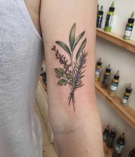 Herb Bunch Tattoo, Herb Tattoos For Women, Herb Bouquet Tattoo, Bundle Of Herbs Tattoo, Arugula Tattoo, Witchy Herb Tattoo, Bouquet Garni Tattoo, Herbarium Tattoo, Parsley Sage Rosemary And Thyme Tattoo