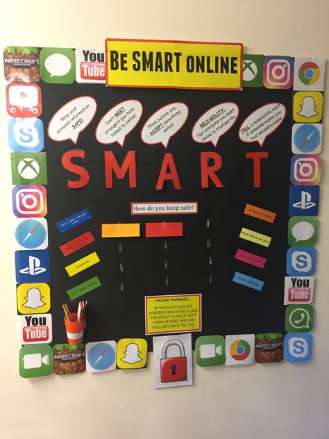 ICT / Internet safety display Internet Safety Poster, Safety Poster Drawing, Ict Display, Computer Lab Bulletin Board Ideas, Lab Komputer, Computing Display, Poster Drawing Ideas, Computer Lab Decor, School Computer Lab