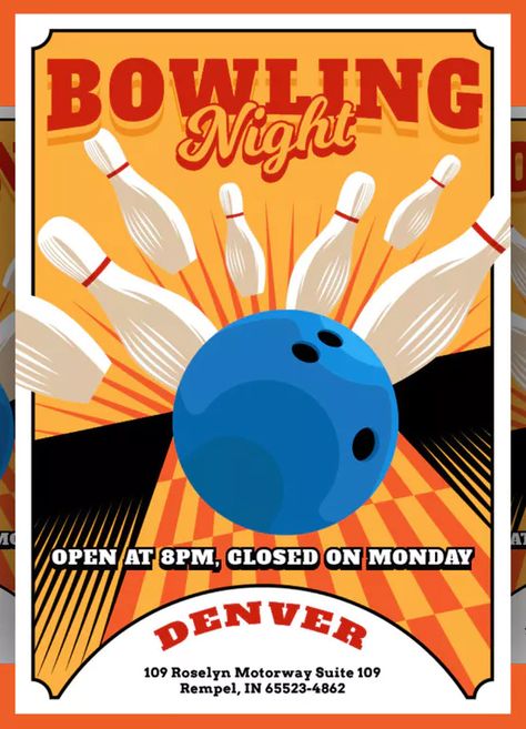 Bowling Illustration Design, Bowling Poster Design, Formal Flask, Bowling Poster, Stream Aesthetic, Free Psd Poster, Bowling Design, Bowling Night, Bowling Tournament