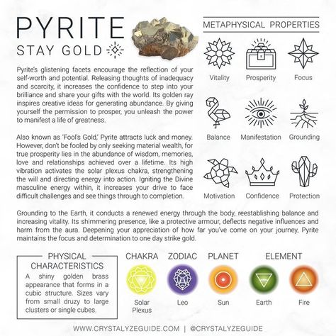 Pyrite Magical Properties, Leo Planet, Crystal Vibes, Energy Healing Spirituality, Crystal Goddess, Crystal Grids, Crystals Healing Properties, Pyrite Crystal, Information Card