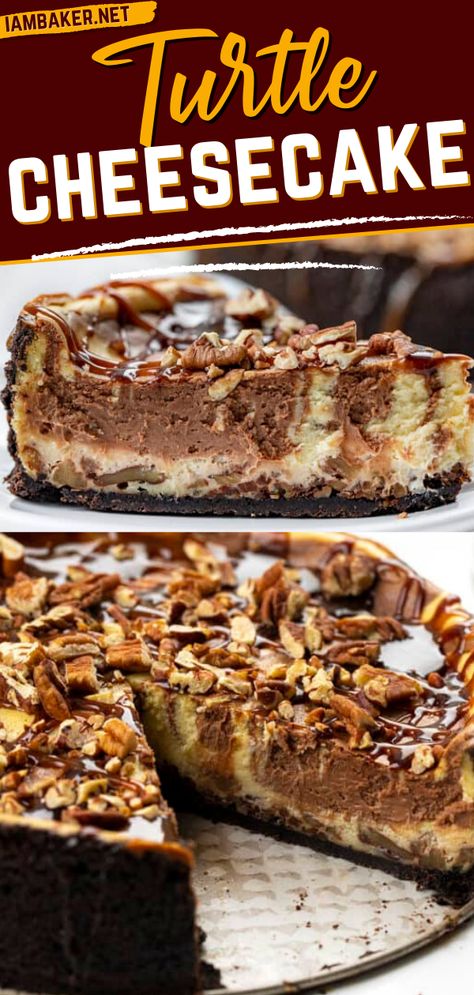 Chocolate Pecan Cheesecake, Best Dessert Recipes Ever, Chocolate Turtle Cheesecake Recipe, Hot Fudge Cheesecake, Fall Cheesecakes, Chocolate Turtle Cheesecake, Turtle Cheesecake Bars, Turtle Cheesecake Recipe, Turtle Dessert